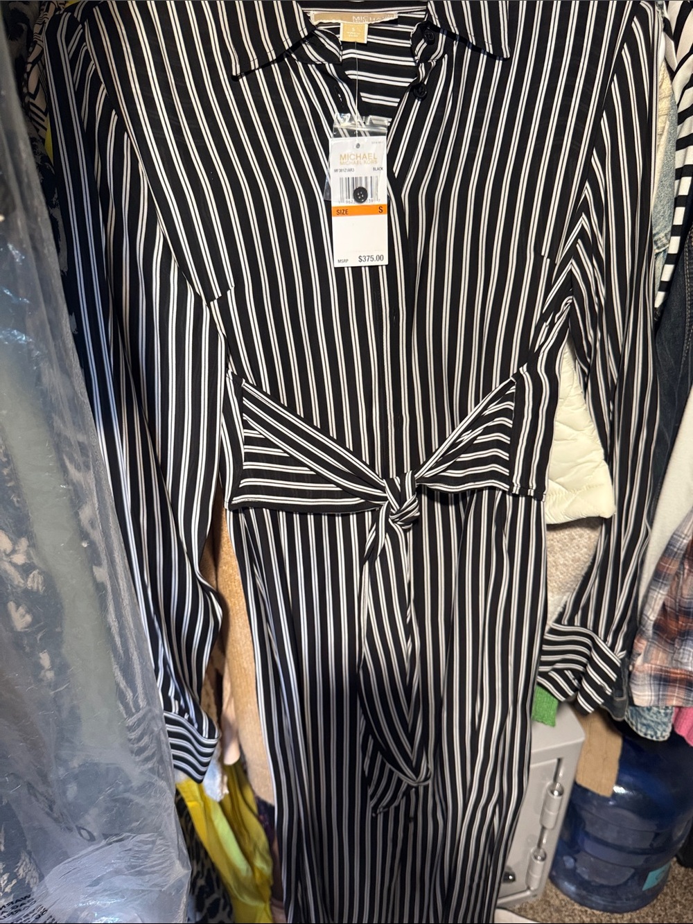 MICHAEL Michael Kors Black and White Vertical Stripe Shirt Dress with Tie Waist
